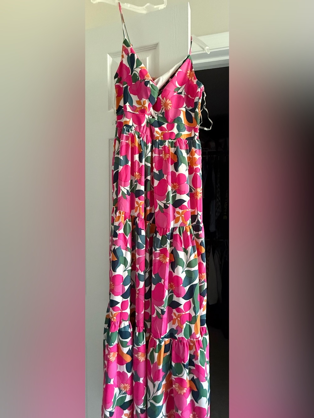 entro Bright Pink Floral Tiered Maxi Skirt with Green and Orange Accents